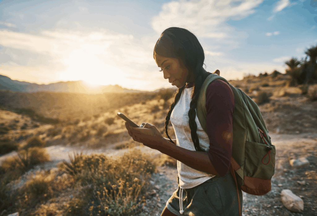 Traveling woman with eSim for travel industry