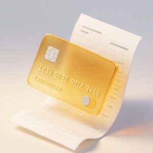 a translucent golden credit card in front of a payment slip