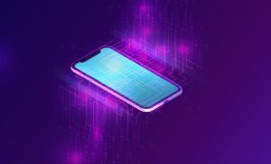 smartphone with big data stream isometric banner