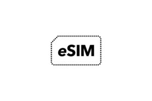 dotted outline of a SIM card with eSIM written within it on a white background