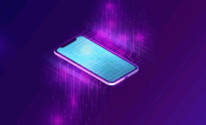 Smartphone with big data stream isometric banner