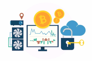 Image of Bitcoin concept showing a cooling system, a chart and cloud security illustration.