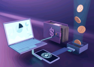 3d cryptocurrency rendering design connecting a laptop, a wallet and a payment system.